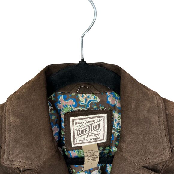 Ruff Hewn Womens Brown Leather Jacket Notch Collared Lined Button Flap Pockets L - Picture 3 of 5